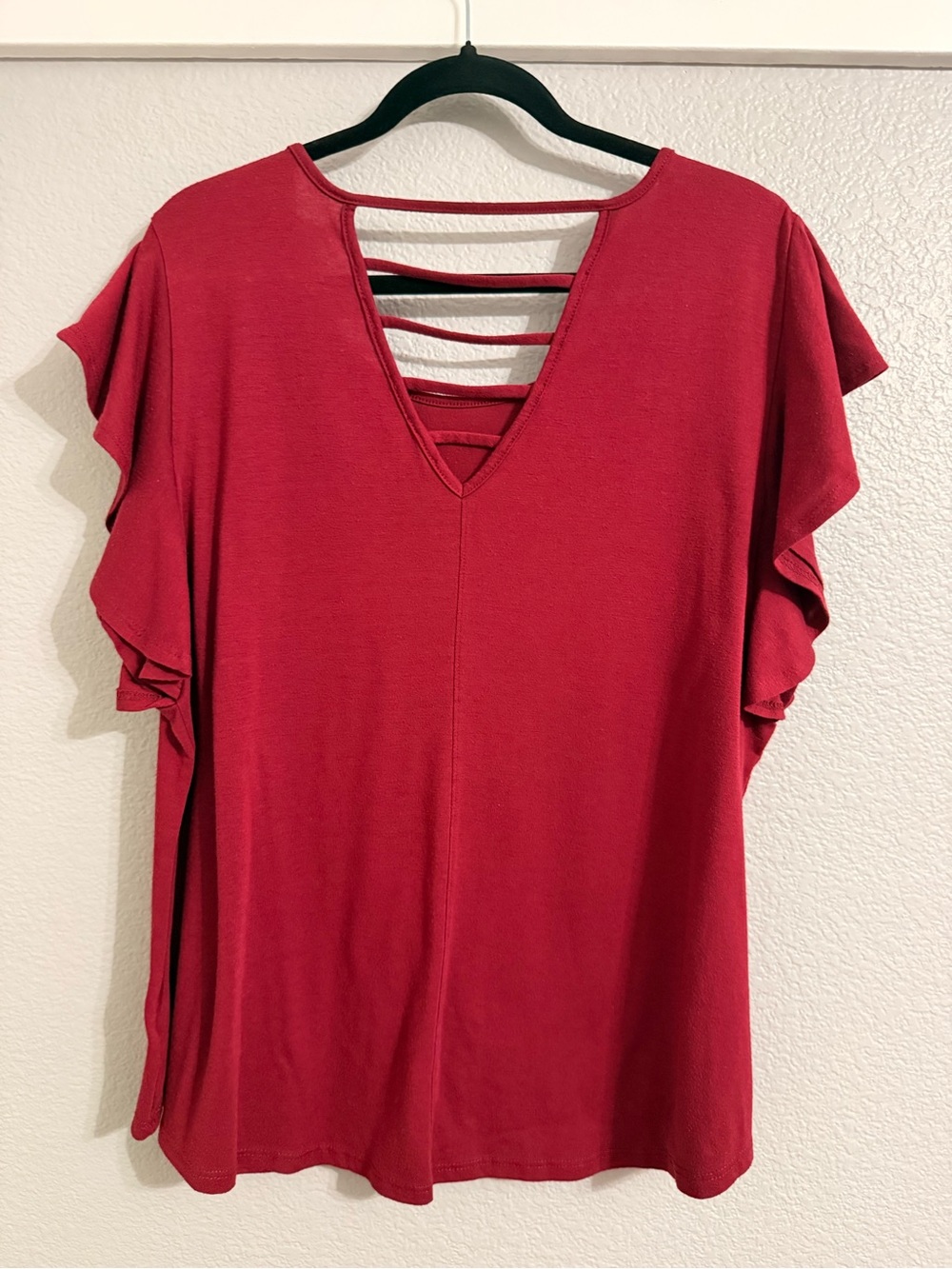 Avenue Burgundy Flutter Sleeve Scoop Neck Top - Picture 6 of 9